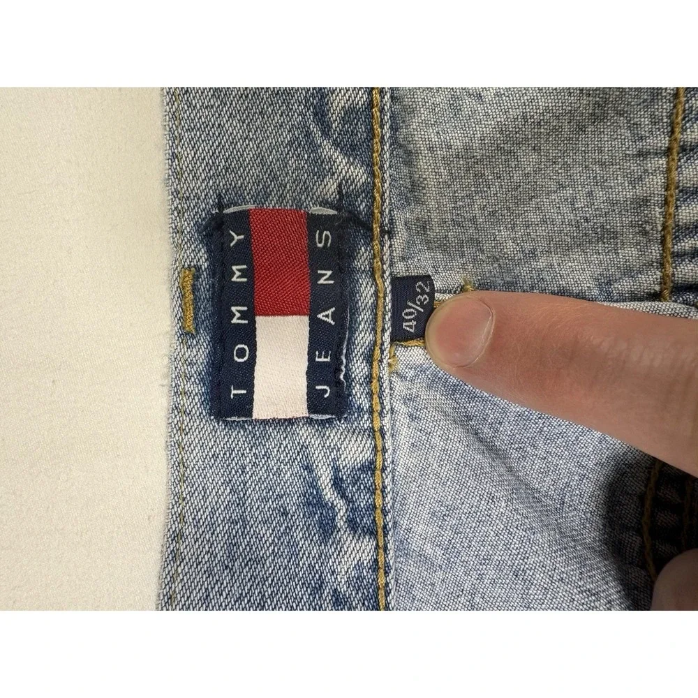 Vtg Tommy Hilfiger Baggy Blue Denim Jeans 40x32 Spell Out Logo Zipper Fly 90s